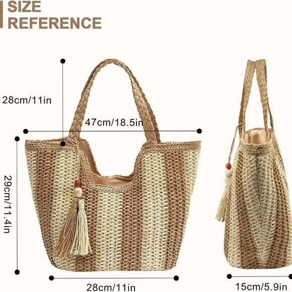 Women Straw Beach Tote Bag Large Weave Summer Boho Shoulder Handbag - Picture 2 of 7